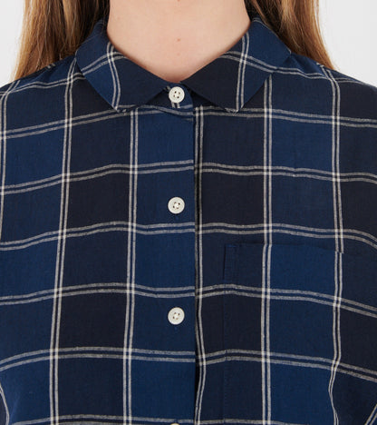 Market Check Cotton Linen Shirt Denim Blue
