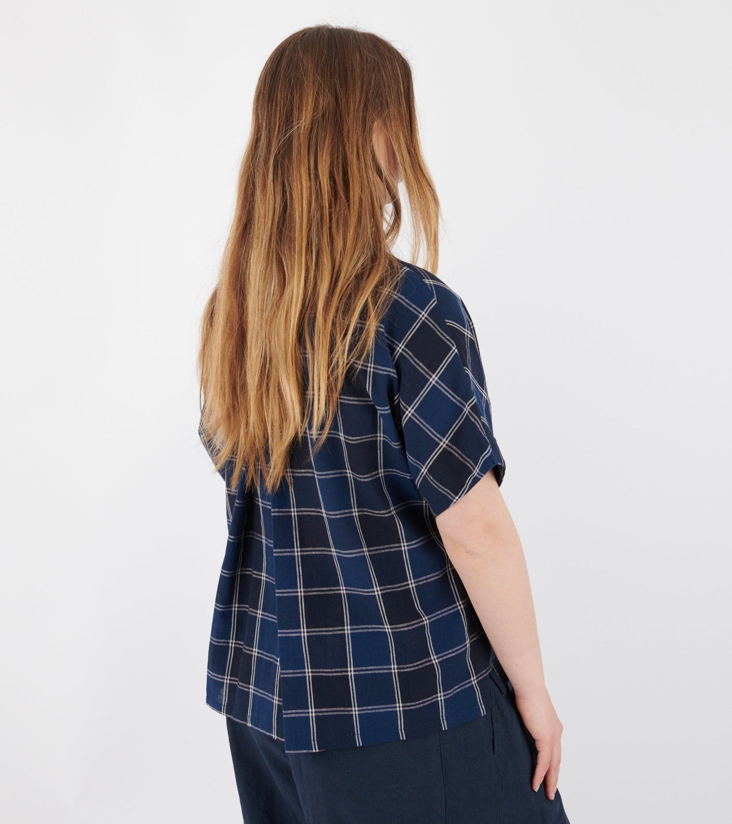 Market Check Cotton Linen Shirt Denim Blue