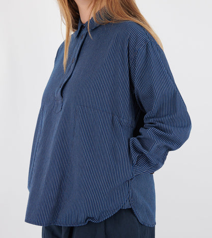 Railroad Stripe Popover Smock Shirt Denim Blue