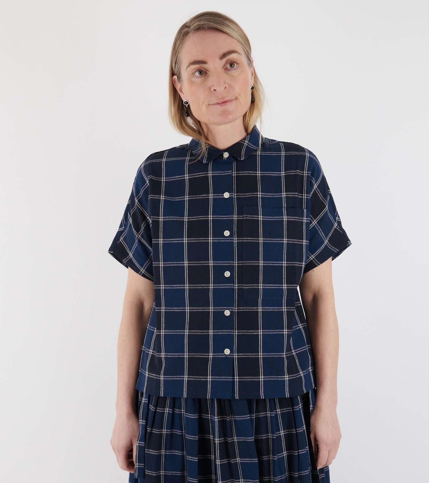 Market Check Cotton Linen Shirt Denim Blue