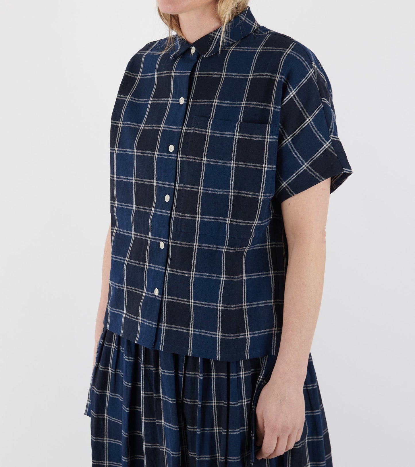 Market Check Cotton Linen Shirt Denim Blue