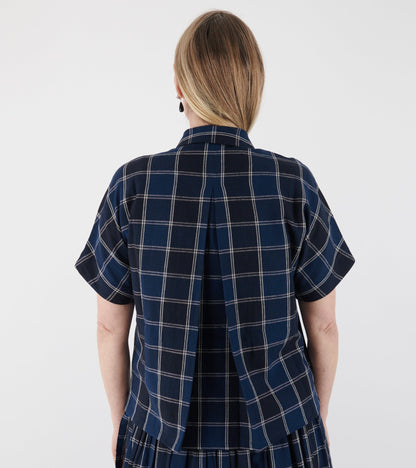 Market Check Cotton Linen Shirt Denim Blue