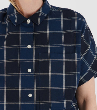 Market Check Cotton Linen Shirt Denim Blue
