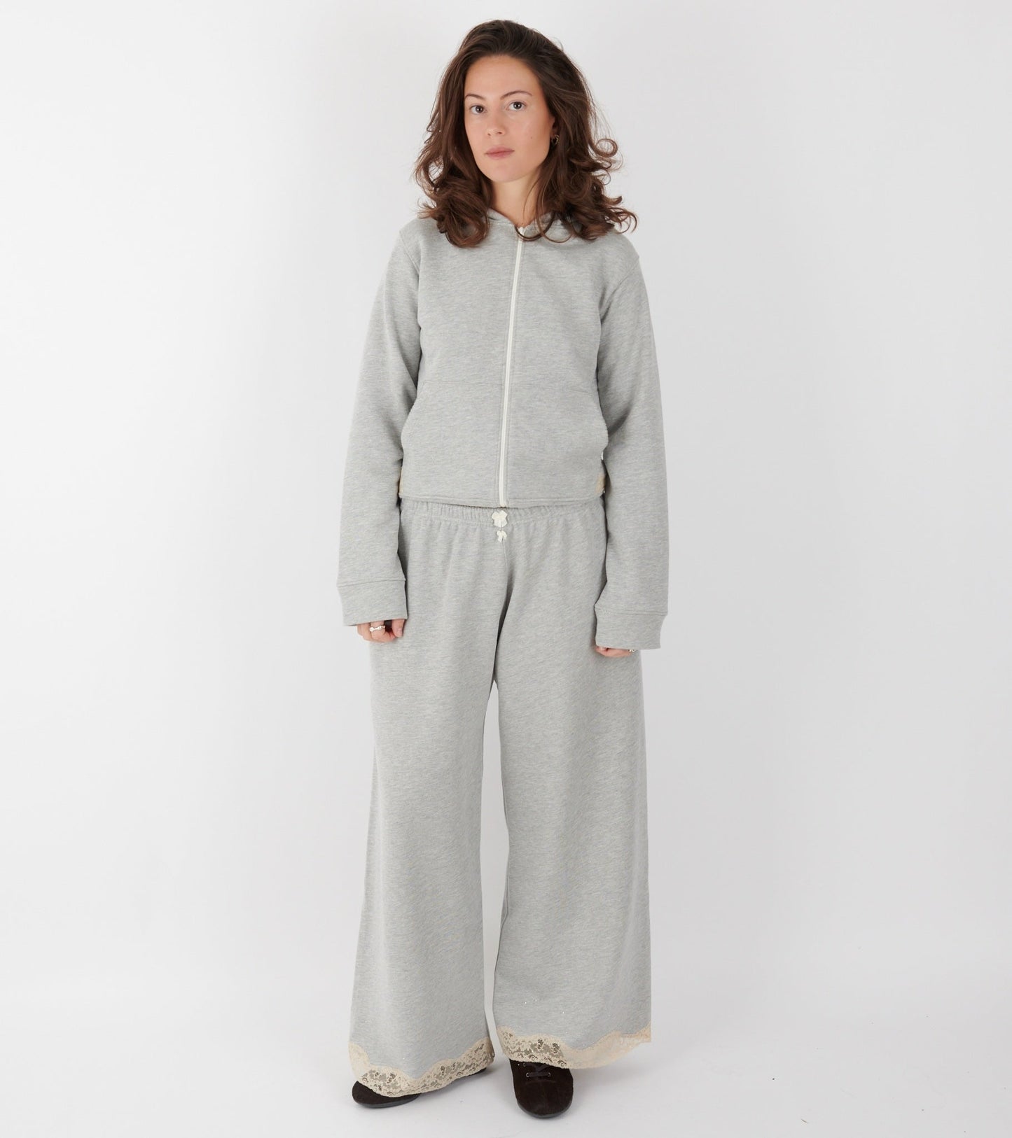 Lace Zip-up Hoodie Light Gray Melange