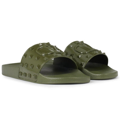 Valentino Khaki Logo Embossed Rubber Sliders