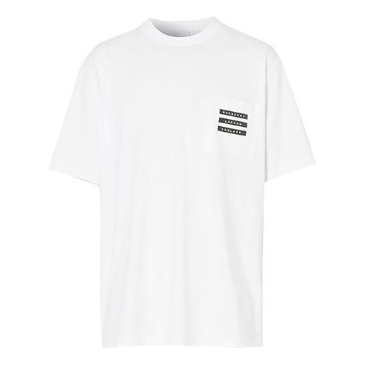 Men's Burberry Tape Print Pocket Printing Short Sleeve White 80218431