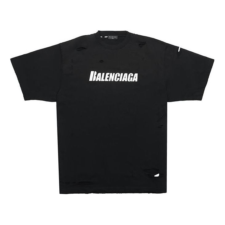 Men's Balenciaga SS21 Alphabet Printing Pattern Hole Round Neck Short Sleeve Black 651795TKVB81070
