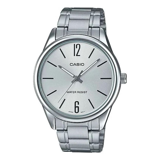 Men's CASIO Minimalistic Large Steel Strip Waterproof Quartz Watch Silver Stainless Steel Strap Mens MTP-V005D-7B