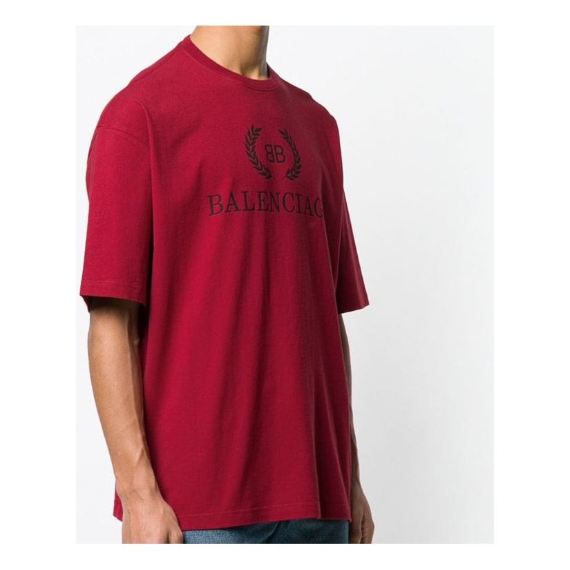 Men's Balenciaga Logo Round Neck Short Sleeve Red 556148TDV516064