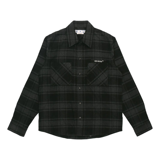 Men's Off-White Logo Plaid Flannel Long Sleeves Loose Fit Gray Shirt OMGA133C99FAB0010701