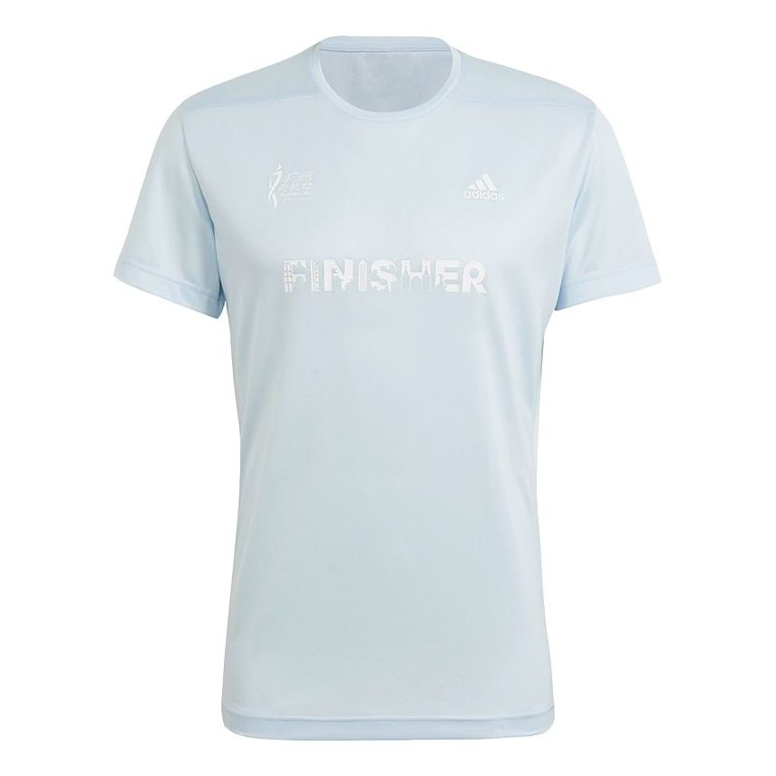 adidas Gzm Finisher Tm Marathon Running Sports Splicing Breathable Round Neck Short Sleeve Light Blue GV1323
