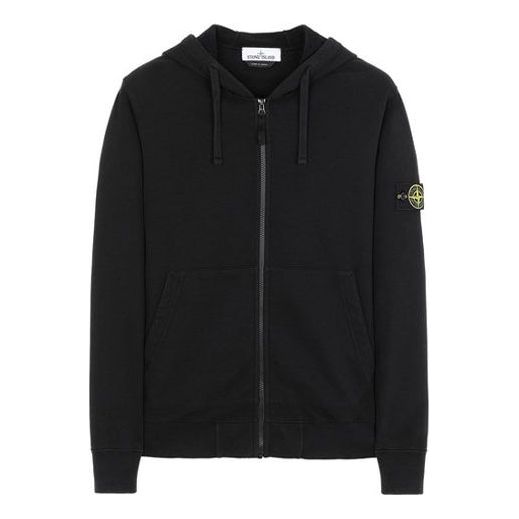 Men's STONE ISLAND Sleeve Logo Zipper Classic hooded Cardigan Black 731564220-V0029