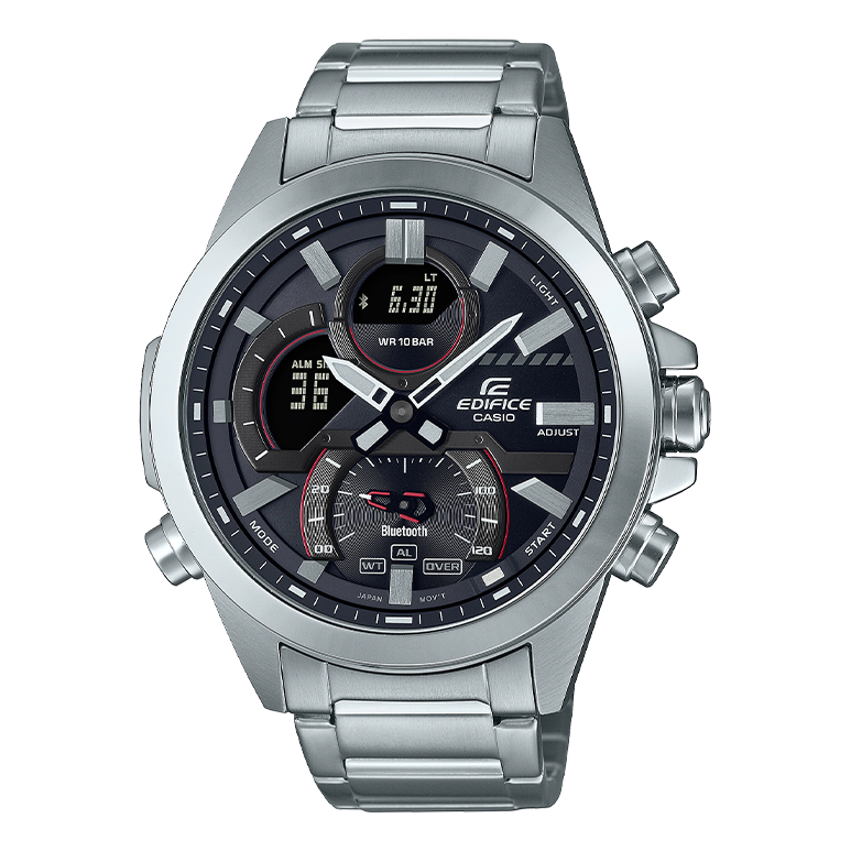 Men's CASIO edifice Series 2022 Luminous Stainless Steel Silver Strap Black Dial 100m Waterproof Watch Analog Mens ECB-30D-1A