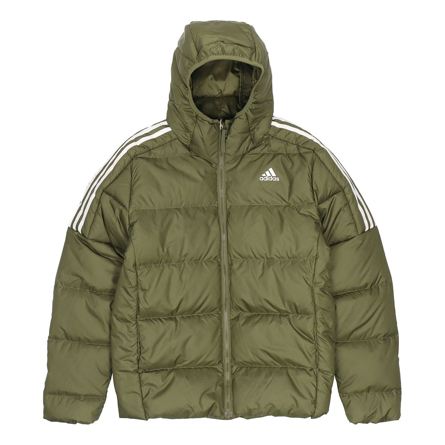 Men's adidas Ess Mid D H Jkt Stay Warm Sports Hooded Down Jacket Olive GT9138