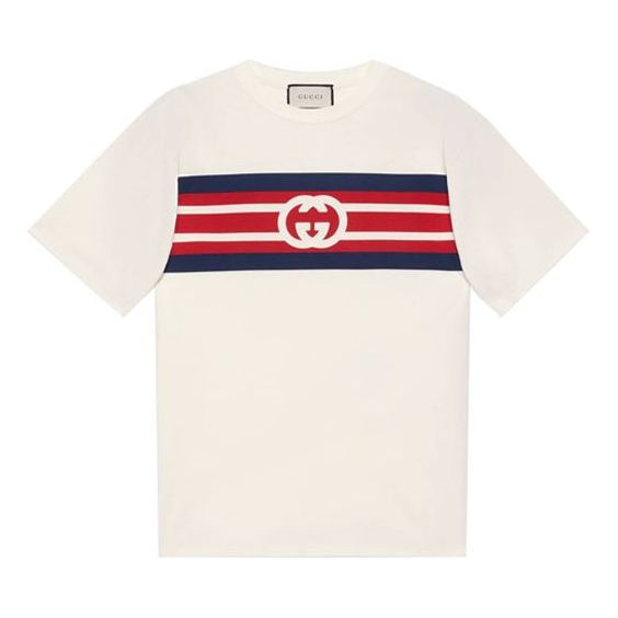 Men's Gucci SS21 Interlock Double G Stripe Printing Short Sleeve Creamy White T-Shirt 616036-XJDAG-9095