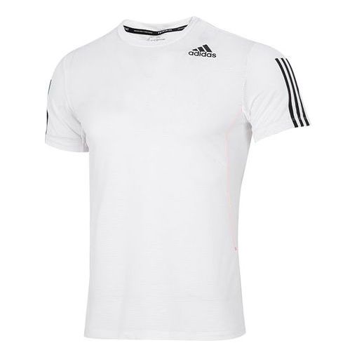 adidas Solid Color Stripe Logo Micro Mark Athleisure Casual Sports Round Neck Short Sleeve White H16877