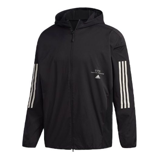 Men's adidas Logo Stripe Printing Hooded Jacket Black FM5325