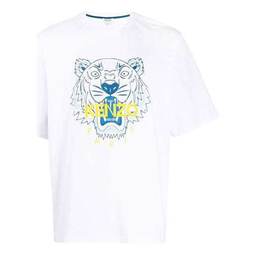 Men's KENZO Classic Tiger Head Printing Loose Round Neck Short Sleeve White FA55TS5004YA-01