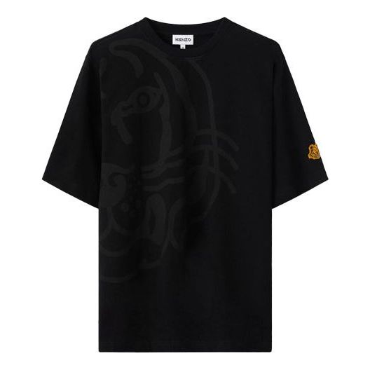 Men's KENZO K-Tiger Tiger Head Pattern Round Neck Short Sleeve Black T-Shirt FA65TS5334TK-99