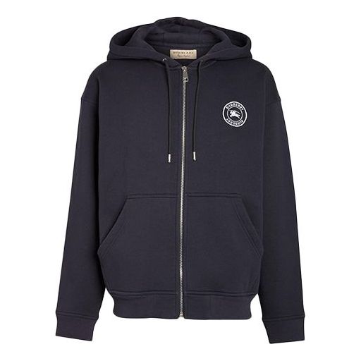 Men's Burberry Embroidered Logo Hooded Jacket Navy Blue 80040571