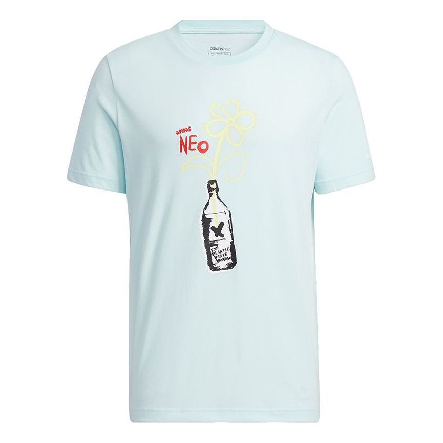 adidas neo M July Tee 1 Cartoon Printing Sports Round Neck Short Sleeve Mint Green HF0464