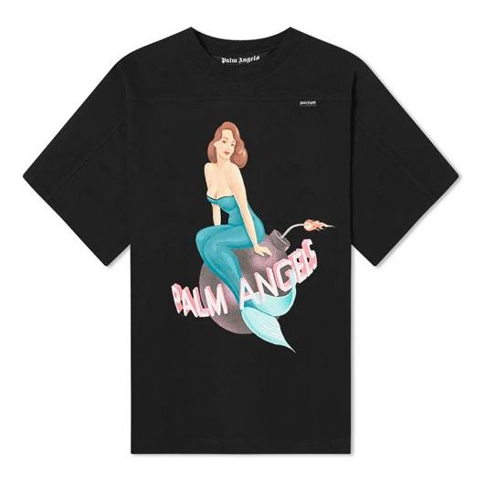 Men's PALM ANGELS Mermaid Logo Printing Short Sleeve Black PMAA047R204130251088
