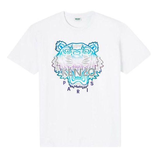 KENZO Multi-Color Embroidered Tiger Head Round Neck Short Sleeve White F962TS9534Y8-01