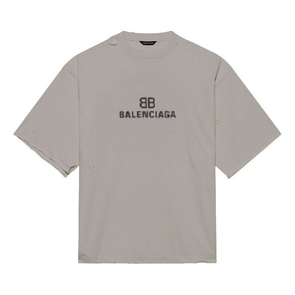 Men's Balenciaga Mosaic Logo BB Alphabet Loose Hole Distress Short Sleeve Gray 651795TKVF58174