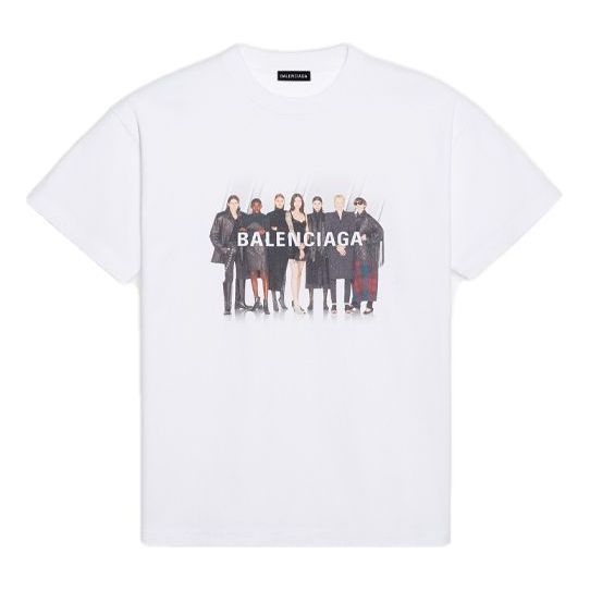 Men's Balenciaga Band Portrait Printing Logo Retro Short Sleeve White 612966TIV479000