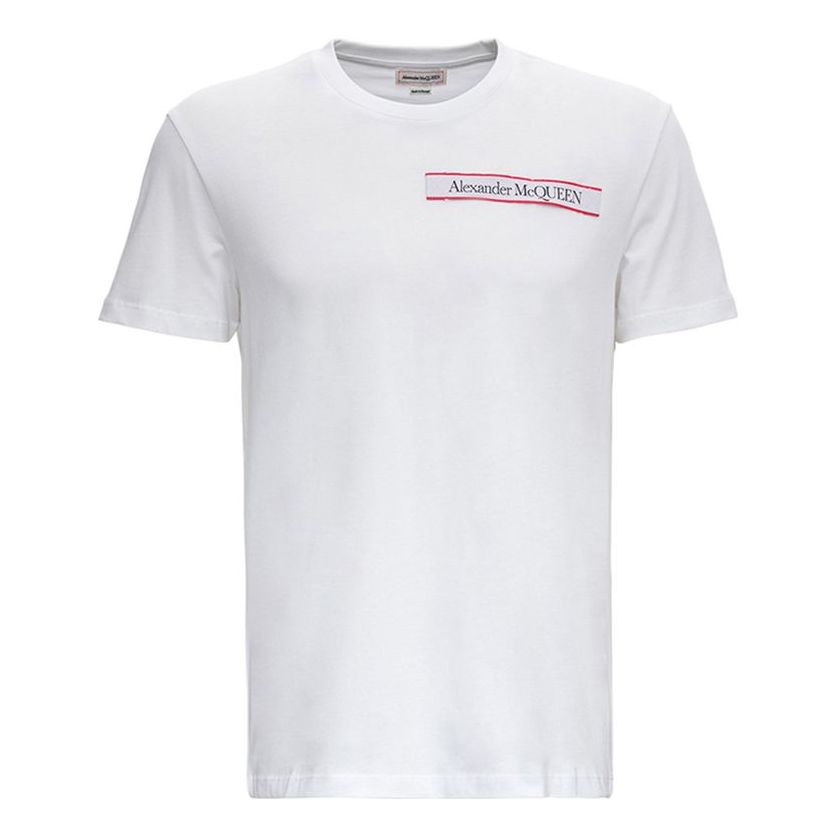 Men's Alexander McQueen SS21 Alphabet Logo Pattern Round Neck Short Sleeve White 642662-QRX74-0910