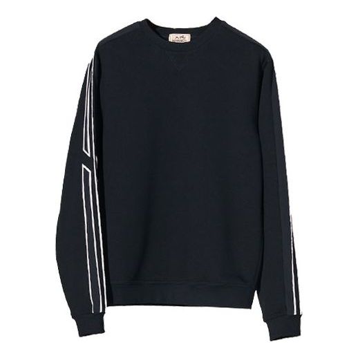 Men's HERMES FW21 Shoulder Stripe Splicing Long Sleeves Round Neck Sports Navy Blue H167515HA01