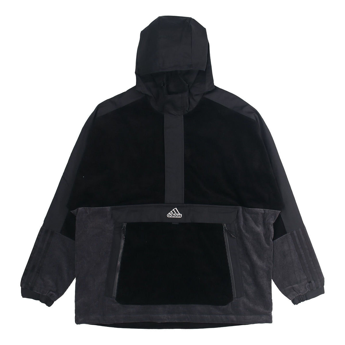 adidas M Corduroy Ank Half Zipper Splicing Sports hooded Logo Jacket Black HD0365