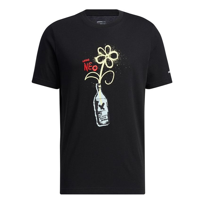adidas neo M July Tee 1 Cartoon Printing Sports Round Neck Short Sleeve Black HF0463