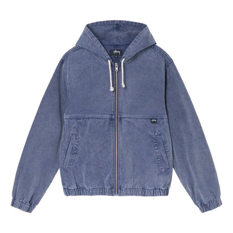 Men's Stussy SS22 Stone Washed Work Jacket Blue Metallic Zipper Hooded Jacket 115632