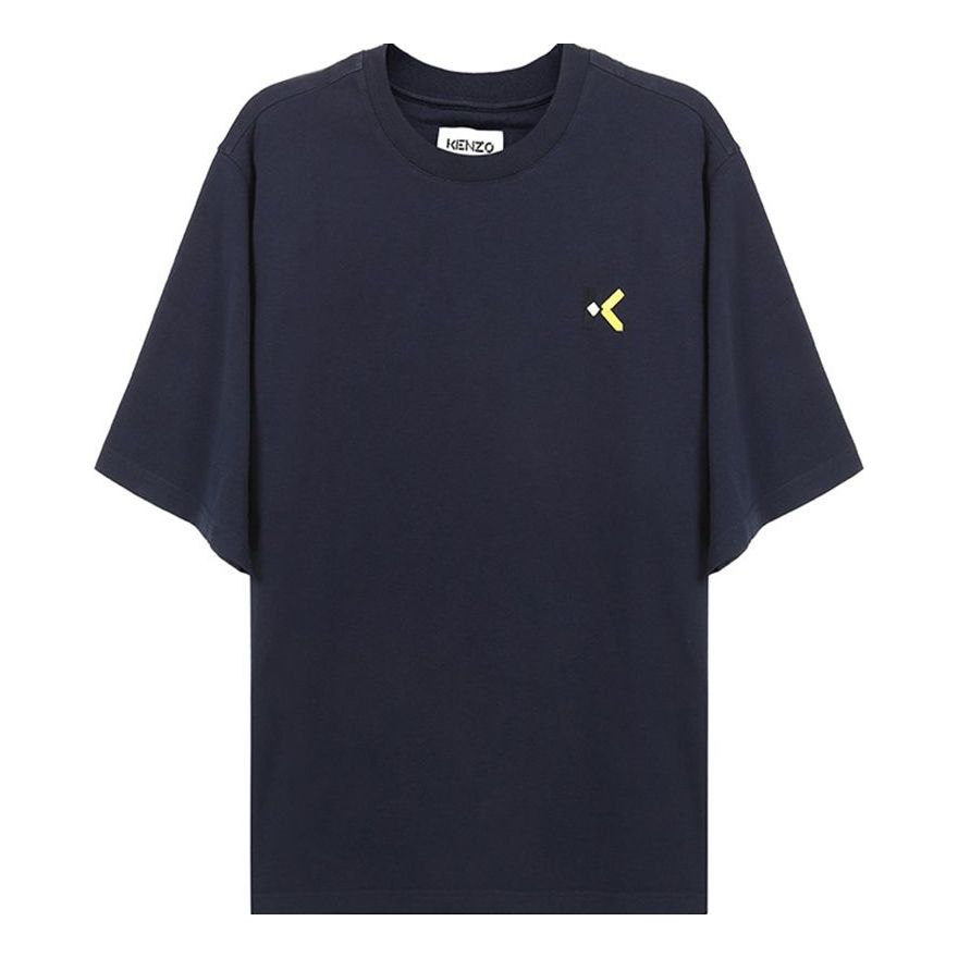 Men's KENZO Alphabet Embroidered Loose Round Neck Short Sleeve Navy Blue T-Shirt FA65TS0544SK-76