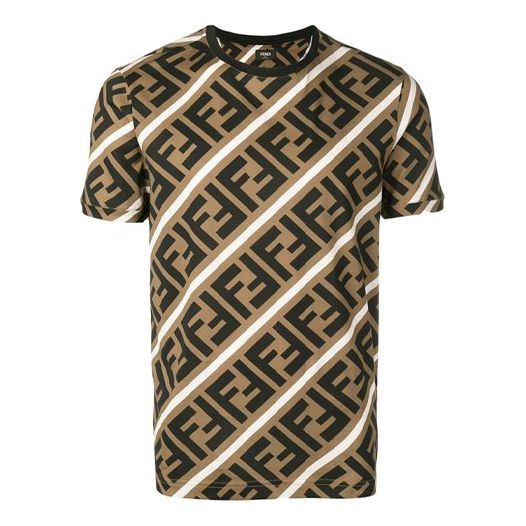 Men's FENDI SS21 FF Pattern Colorblock Printing Short Sleeve Brown T-Shirt FY0894A7A8F13J3